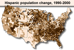 A map shows the percentage change in the Hispanic population from 1990-2000. The darkest shaded counties had growth rates of one hundred percent or more during the decade.