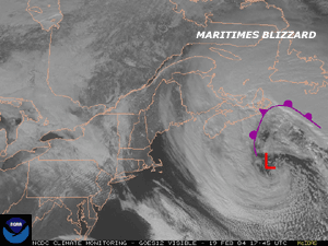Visible satellite image depicting an intense storm off the Canadian Maritimes on February 19, 2004