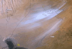 Satellite image on February 11, 2004 of a large dust/sand storm originating over the Sahara Desert affecting areas of Chad and Niger 