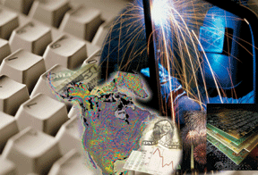 Collage showing a computer keyboard, minerals map, ironworker, fireworks, one dollar bill, and circuit boards.