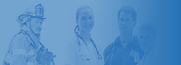 Image of a firefighter and doctors in blue gradient