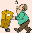 Image of a man humming while carting around two moving boxes
