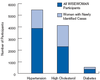 Graph depicting WISEWOMEN Participants with Hypertension, High Cholesterol, and Diabetes January 2000 - June 2003