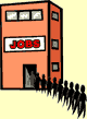 Image of a line of people outside of a building marked jobs
