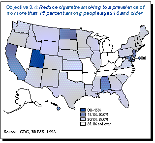 Map showing objective 3.4: Reduce cigarette smoking to a prevelence of no more than 15% among people aged 18 and older