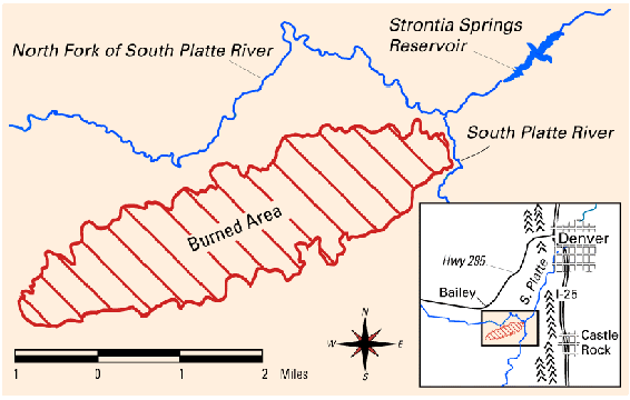 Figure 5. Map showing location of Buffalo Creek and Spring Creek fires relative to Strontia Springs Resevois, near Denver,Colo.