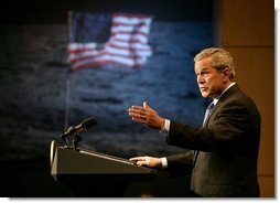 President George W. Bush delivers remarks on U.S. Space Policy at NASA headquarters in Washington, D.C., Wednesday, Jan. 14, 2004. The President committed the United States to a long-term human and robotic program to explore the solar system, starting with a return to the Moon that will ultimately enable future exploration of Mars and other destinations. White House photo by Eric Draper.