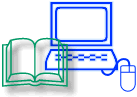 Image of a book and a computer, with a mouse