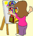 Image of a girl painting a sun and statue