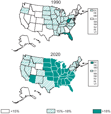 United States map depicting estimated people with arthritis 1990 and projected 2020. Click below for text description.