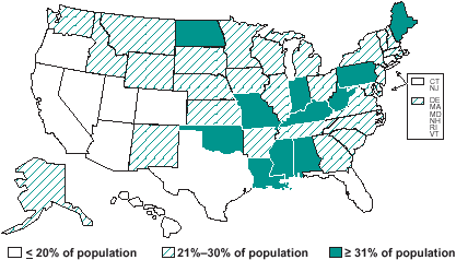 Percentage of Americans Aged 65 Years or Older Who Have Lost All Natural Teeth,* 1999. Click below for text description.