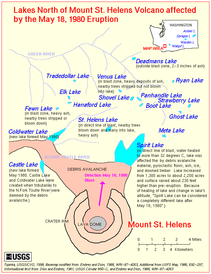 Map, Mount St. Helens Lakes affected by the May 18, 1980 eruption