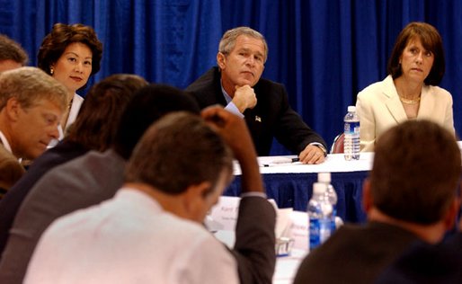 President George W. Bush participates in a roundtable with small business leaders at the Broadbent Arena in Louisville, Kentucky Thursday, September 5, 2002. White House photo by Tina Hager.