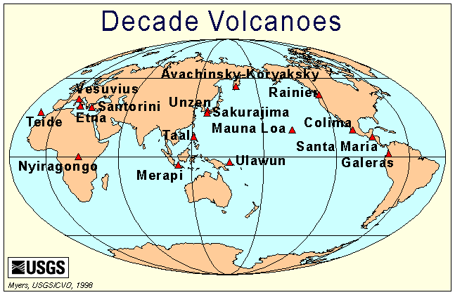 Map, Decade Volcanoes and Their Locations