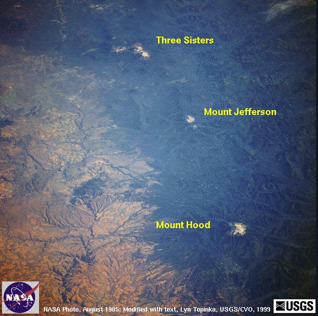 Annotated NASA Image, Mount Hood, Mount Jefferson, and the Three Sisters, August 1985