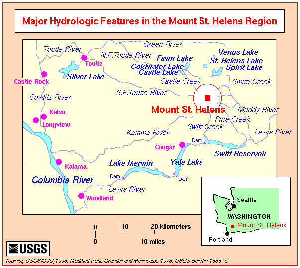 Map, Mount St. Helens hydrologic features