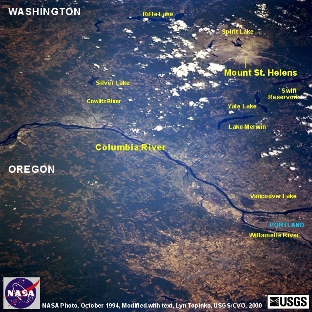 Annotated NASA Image, Columbia River and Mount St. Helens, October 1994