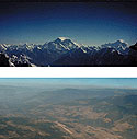 Photograph of South Asian brown haze hanging over the Nepalese town of Phaplu (bottom panel), on March 25, 2001. The photo was taken from a flight altitude of about 3 km. The location was approximately 30 km south of Mt. Everest (seen in the top panel). Both photographs were taken from the same locationone viewing north (top) and the other south (bottom).<BR>
<BR>
During the dry season from January to April, the brown sky seen over Nepal is typical of many areas in South Asia. The dry north-east monsoonal winds carry the anthropogenic haze thousands of kilometers south and south eastwards and spread it over most of the tropical Indian Ocean, from 25 N to about 5 S. These aerosols pose the largest uncertainty in model calculations of the climate forcing due to man-made changes in the composition of the atmosphere.  [V. Ramanathan, P. J. Crutzen, and J. T. Kiehl, and D. Rosenfeld, 2001: Aerosols, Climate and the Hydrological Cycle. <I>Science,<I> <B>294</B>, 2119-2124).<BR>
<BR>
This research was partially supported by National Science Foundation grant ATM 01-36239.  Thumbnail