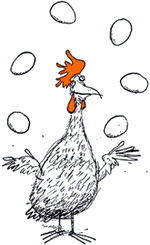 Cartoon of a chicken juggling eggs.