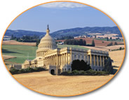 Photo of the East Front of the U.S. Capitol, superimposed on an image of farmland.