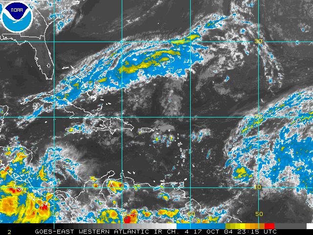 This is a GOES or METEOSAT  infrared satellite picture of a portion of the tropical Atlantic basin. Please be patient while the latest satellite image loads.