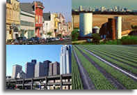 Pictures of a rural continuum: open land, small towns, mixed city and farmland, and larger city centers.