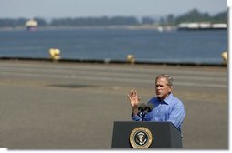 President George W. Bush delivers remarks on the Columbia River Channel Deepening Project in Portland, Ore., Friday, Aug. 13, 2004. The President announced a $15 million budget amendment for the U.S. Army Corps of Engineers to begin construction on the project. White House photo by Eric Draper.