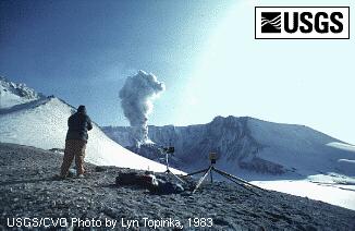 Mount St. Helens lava dome with plume, from Sugarbowl, 1983