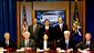 U.S. Secretary of Labor Elaine L. Chao (center front) signs an agreement with (front row, left to right) International Union Presidents Joseph J. Hunt, the International Association of Bridge, Structural, Ornamental, and Reinforcing Iron Workers; Frank Hanley, the International Union of Operating Engineers; Doug McCarron, the United Brotherhood of Carpenters and Joiners of America; and Newton B. Jones, the International Brotherhood of Boilermakers. Also pictured (back row, left to right) are Dave Lauriski, Administrator of the Mine Safety and Health Administration; John Henshaw, Administrator of the Occupational Safety and Health Administration; and David Gray, Acting Assistant Secretary of Labor for Policy.