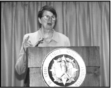 Photo of U.S. Attorney General Janet Reno delivering the keynote address