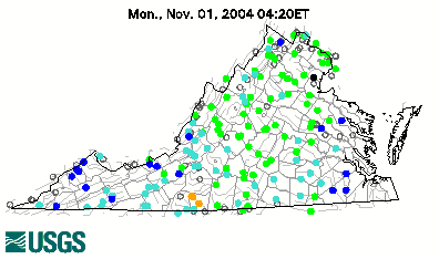 Stream gage levels in Virginia, relative to 30 year average.