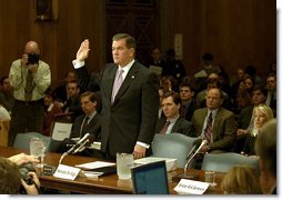 Governor Tom Ridge is sworn in during senate confirmation hearings as Secretary of the Department of Homeland Security at the U.S. Capitol Jan. 17, 2003. The Senate unanimously confirmed Governor Ridge as the first Secretary of DHS Jan. 22, 2003. White House photo by Tina Hager.