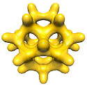 The calculated valence electron density of a silicon nanocrystal.  <I>[See also, Atomic Structure of a Silicon Nanocrystal and Excited Electron State of a Silicon Nanocrystal.]</I><BR>
<BR>
This research was funded in part by National Science Foundation grants DMR 01-02668 and DMR 01-21361.<BR>
<BR>
<U><B>More about this Image</B></U>
This plot shows where all the electrons tend to be moving within the silicon nanocrystal. Each electron in the molecule exists in a strangely shaped orbit, but when looking at all the electrons and their orbits, the average is this. Note how the plot looks like the electrons form clouds around all the atoms and in between neighboring atoms. This plot shows the bonds that exist between atoms that hold the molecule together.  Thumbnail