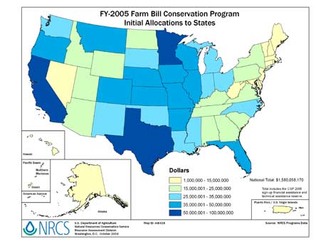 U.S. Map showing FY2005 Farm Bill allocations by state