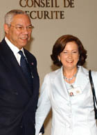 Secretary Powell stands next to Chilean Foreign Minister Soledad Alvear
