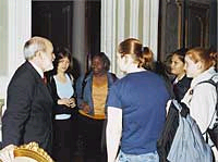 Arnold Levine, Deputy Under Secretary for International Labor Affairs at the U.S. Department of Labor, discusses ways to fight abusive child labor with some of the U.S. delegates to the Children's World Congress in Florence, Italy.
