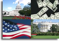 Images of the U.S. Capitol, a flag at the Washington Memorial, the White House, and paper money.
