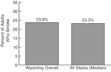 Adult Cigarette Use, 2000<br>: Y axis=Percent of Adults Who Smoke, X axis=Wyoming Overall 23.8%, All States (Median) 23.3%