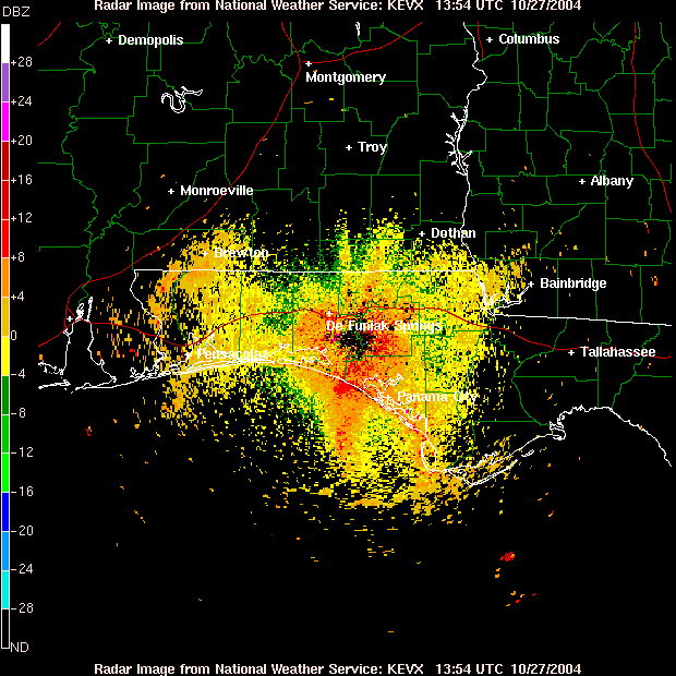 The latest base reflectivity image from the NWS Doppler radar that serves Tallahassee.  Click on the image for additional options.