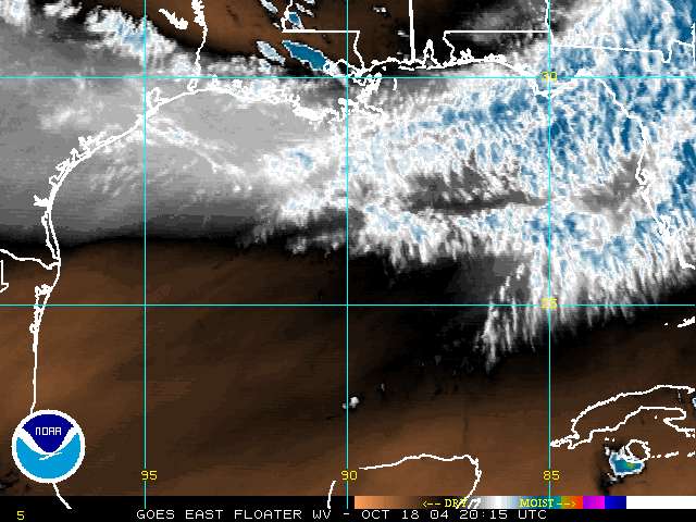 A recent water vapor image from GOES-12, zoomed in over a tropical disturbance.  Click on the image for a larger view.