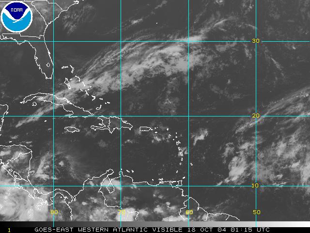 A recent visible image from GOES-12 showing the Caribbean and western tropical Atlantic.  Click on the image for a larger view.