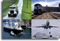 Airplane departing, freight boat, train, and truck. U.S. Department of Transportation and USDA photos.