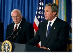 President George W. Bush addresses the press after meeting with his national security team at the Pentagon in Arlington, Va., Monday, May 10, 2004. White House photo by Paul Morse.