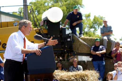President George W. Bush addresses an audience of about 2,000 people at the Iowa State Fair Fairgrounds near Des Moines, Wednesday, Aug. 14. White House photo by Eric Draper.