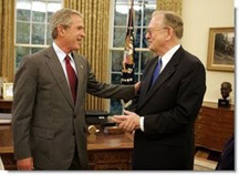 President George W. Bush meets with Arden L. Bement, Jr., in the Oval Office of the White House on Sept. 15, 2004.