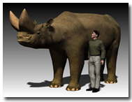 image of large mammal of the Oligocene epoch and a man