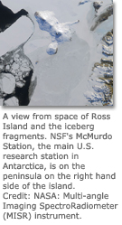 A view from space of Ross Island and the iceberg fragments