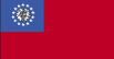Flag of Burma is red, with a blue rectangle in the upper hoist-side corner bearing 14 white five-pointed stars encircling a cogwheel containing a stalk of rice. 2004.
