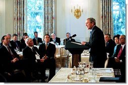 President George W. Bush addresses the National Governors Association in the State Dining Room of the White House Monday, Feb. 23, 2004. White House photo by Tina Hager.