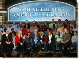 President George W. Bush leads the on stage discussion during a conversation on the economy with employees at Nu-Air Manufacturing Company in Tampa, Florida, Monday, Feb. 16, 2004. White House photo by Eric Draper.